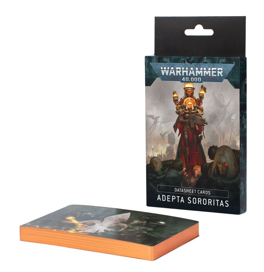 Warhammer 40,000 - Datasheet Cards - Adepta Sororitas - Warhammer 40,000 Adepta Sororitas datasheet cards in illustrated box with orange-edged cards displayed beside it.