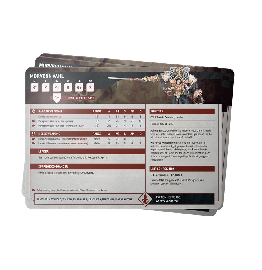 Warhammer 40,000 - Datasheet Cards - Adepta Sororitas - Set of glossy, rectangular gaming datasheet cards featuring Adepta Sororitas art, stats, and rules in dark red and white.