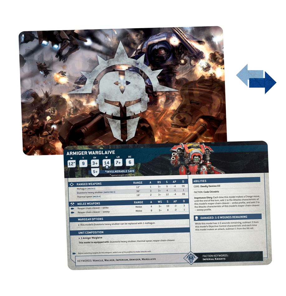 Warhammer 40,000 - Imperial Knights - Datasheet Cards - Double-sided card with Warhammer 40,000 Imperial Knights artwork on one side and detailed datasheet stats and rules on the.