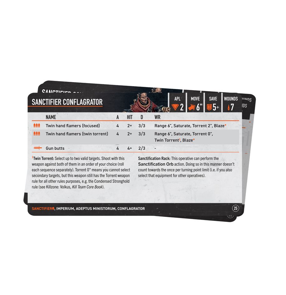 Warhammer 40,000 - Kill Team - Sanctifiers Datacards - Set of rectangular Warhammer 40,000 Kill Team Sanctifiers datacards featuring stats and abilities, black and white design.