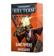 Warhammer 40,000 - Kill Team - Sanctifiers Datacards - Orange Warhammer 40,000 Kill Team Sanctifiers datacards box featuring a stylized warrior with a helmet and weapon.