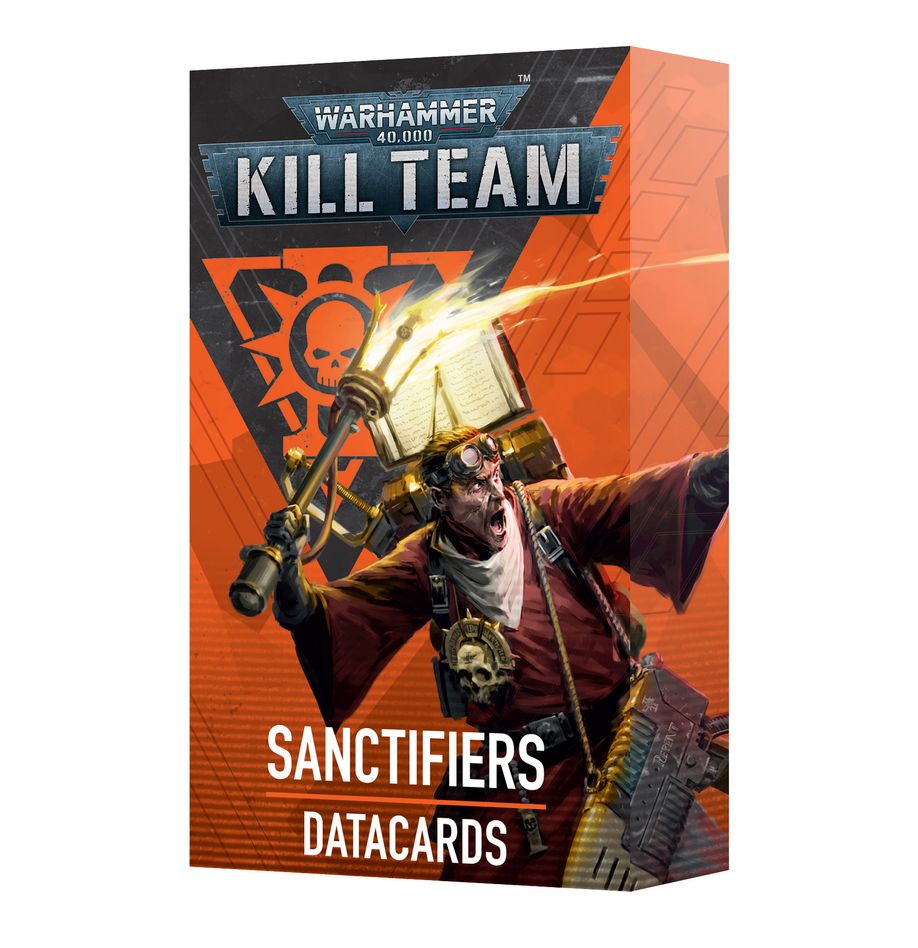 Warhammer 40,000 - Kill Team - Sanctifiers Datacards - Orange Warhammer 40,000 Kill Team Sanctifiers datacards box featuring a stylized warrior with a helmet and weapon.