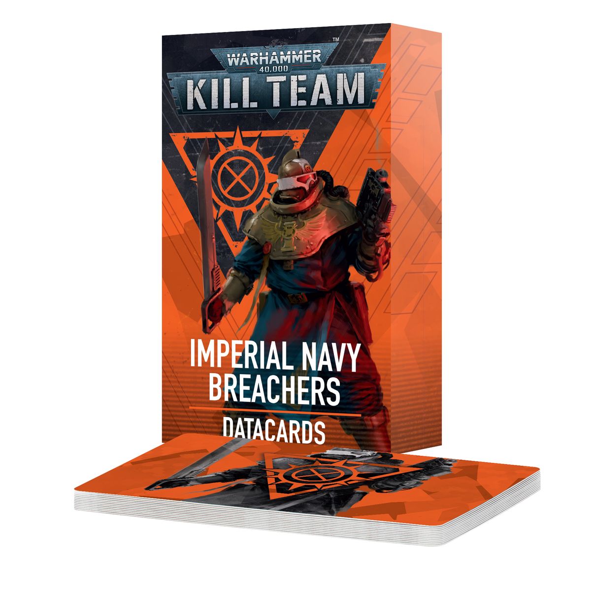 Warhammer 40,000 - Kill Team - Imperial Navy Breachers Datacards - Rectangular datacards with orange and black Warhammer 40,000 Kill Team Imperial Navy Breachers design featuring a futuristic