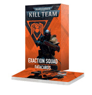 Warhammer 40,000 - Kill Team - Exaction Squad Datacards - Orange and black Warhammer 40,000 Kill Team Exaction Squad datacards box and fanned cards featuring a futuristic soldier.