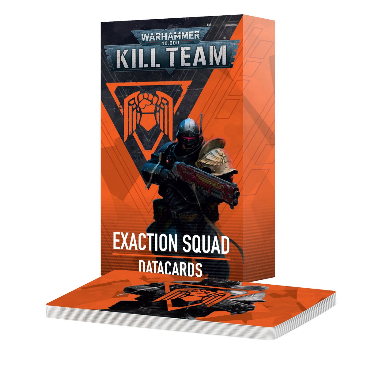 Warhammer 40,000 - Kill Team - Exaction Squad Datacards - Orange and black Warhammer 40,000 Kill Team Exaction Squad datacards box and fanned cards featuring a futuristic soldier.
