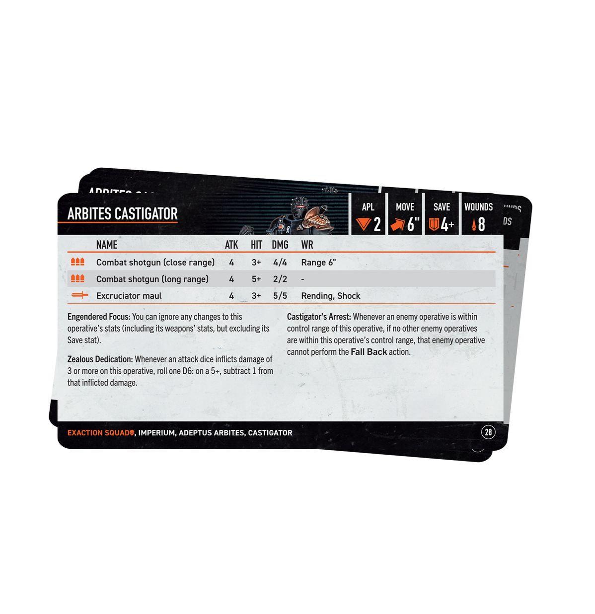 Warhammer 40,000 - Kill Team - Exaction Squad Datacards - Rectangular datacards for Warhammer 40,000 with black, white, and orange sections showing stats and abilities for Arbites.