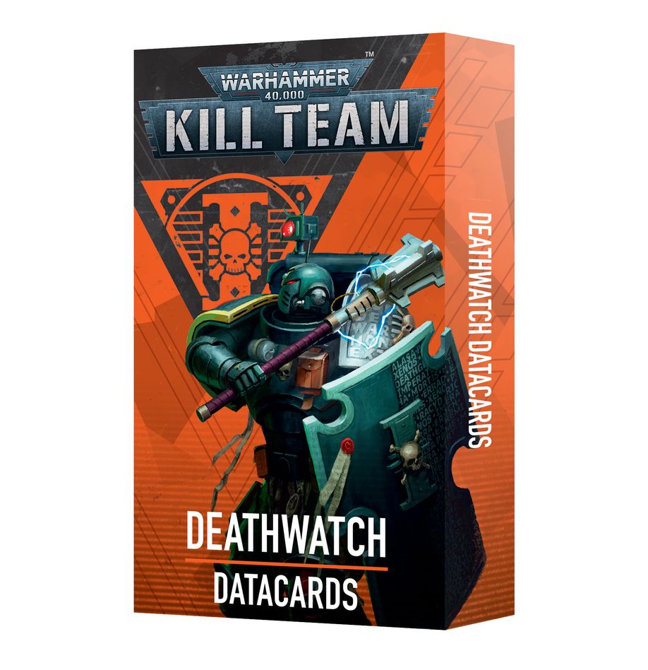 Warhammer 40,000 - Kill Team - Deathwatch Datacards - Orange rectangular box featuring a futuristic armored soldier with a weapon, labeled Warhammer Kill Team Deathwatch.