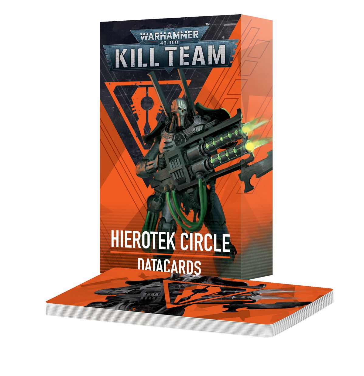 Warhammer 40,000 - Kill Team - Hierotek Circle Datacards - Box set with orange and black Warhammer 40,000 Kill Team Hierotek Circle Datacards featuring futuristic soldier artwork and.