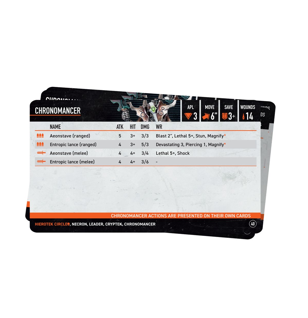Warhammer 40,000 - Kill Team - Hierotek Circle Datacards - Set of rectangular datacards with black, white, and orange design displaying game stats and names for Warhammer 40,000 Kill.