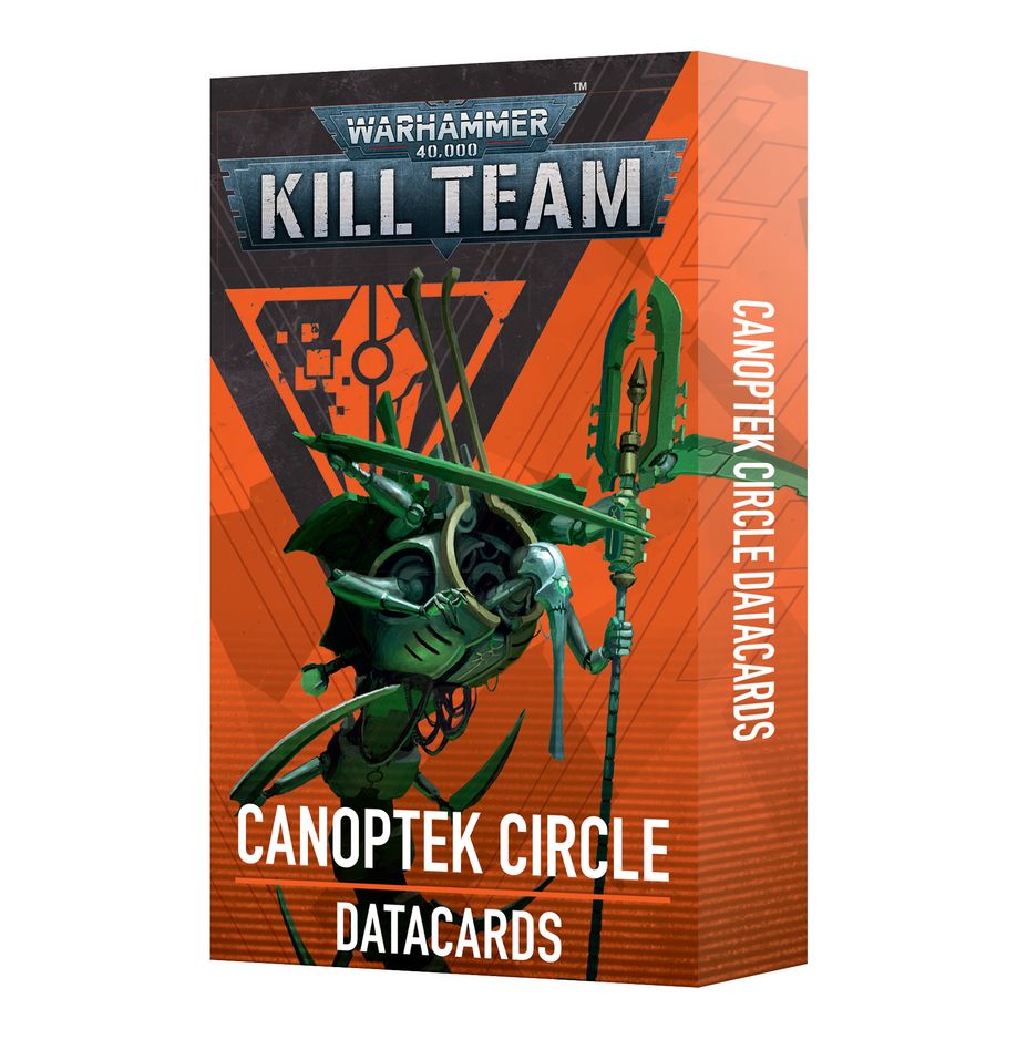 Warhammer 40,000 - Kill Team - Canoptek Circle Datacards - Orange and black Warhammer 40,000 Kill Team Canoptek Circle Datacards box with green robotic insect illustration.