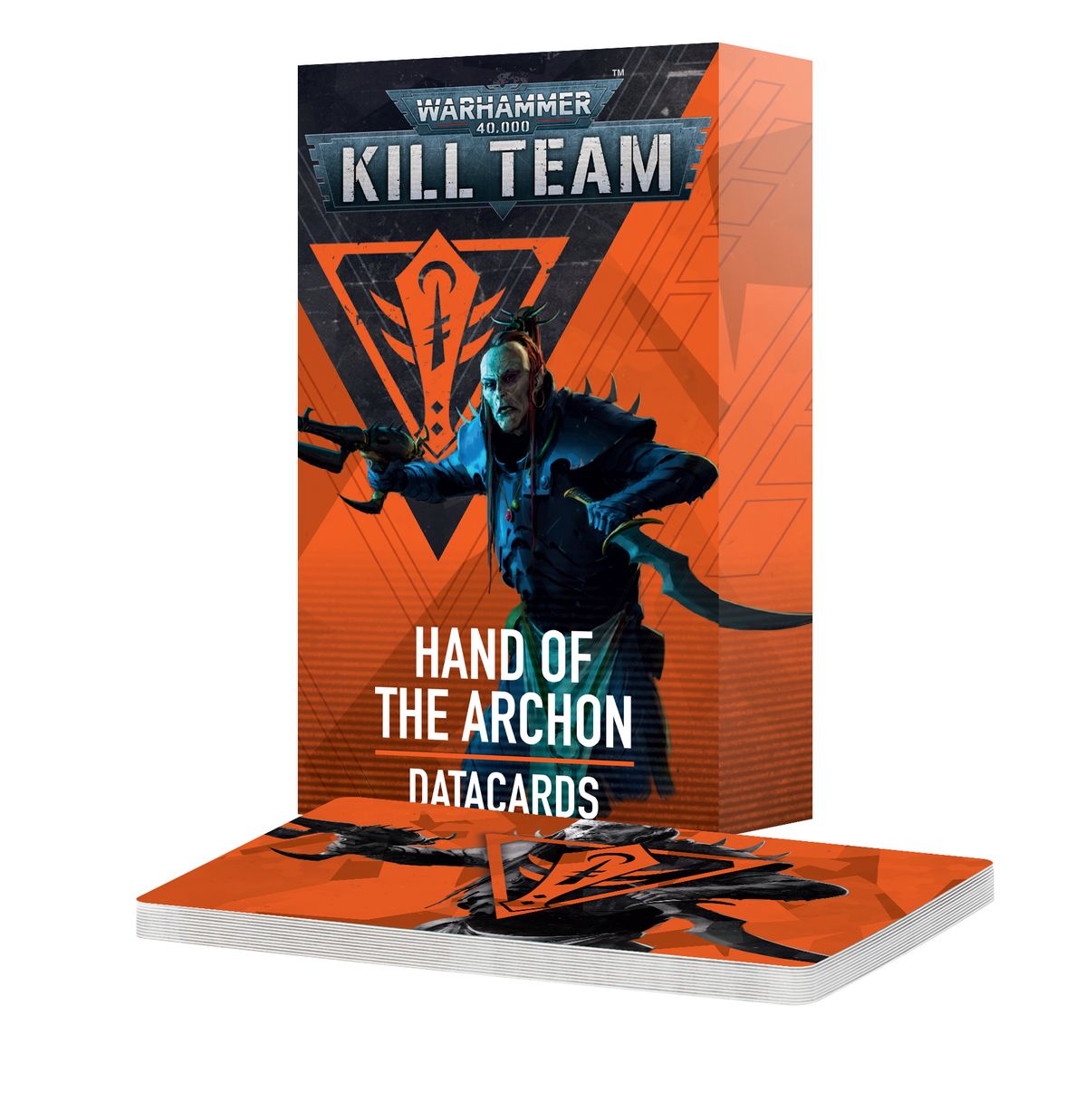 Warhammer 40,000 - Kill Team - Hand of the Archon Datacards - Orange and black Warhammer 40,000 Kill Team datacards box with a sinister blue-armored figure on the cover and a set of.