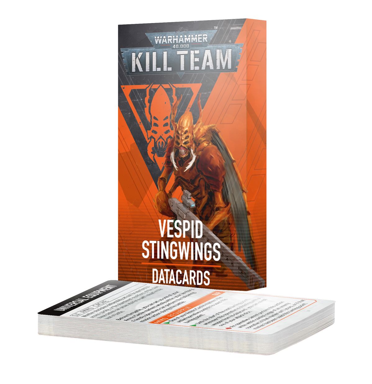 Warhammer 40,000 - Kill Team - Vespid Stingwings Datacards - Orange and black Warhammer 40,000 Kill Team Vespid Stingwings datacards pack with sci-fi alien warrior artwork on the cover.