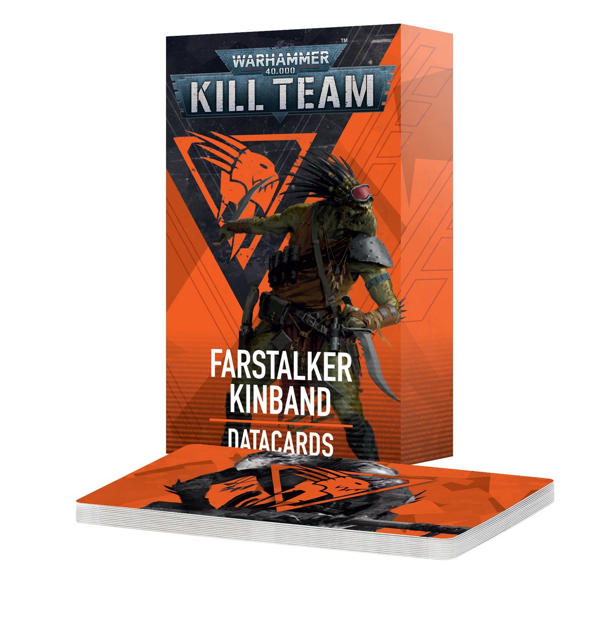 Warhammer 40,000 - Kill Team - Farstalker Kinbands Datacards - Orange and black Warhammer 40,000 Kill Team Farstalker Kinband datacards box with sci-fi warrior illustration and matching.
