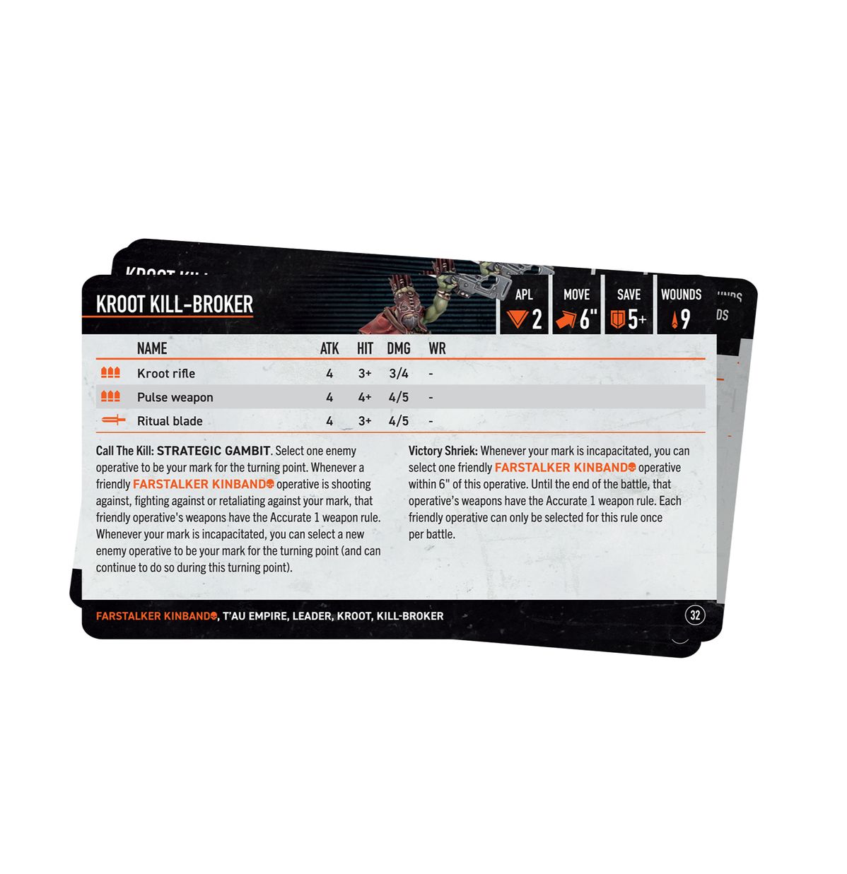 Warhammer 40,000 - Kill Team - Farstalker Kinbands Datacards - Rectangular Warhammer 40,000 Kill Team datacard with black, white, and orange design featuring game stats and rules for.