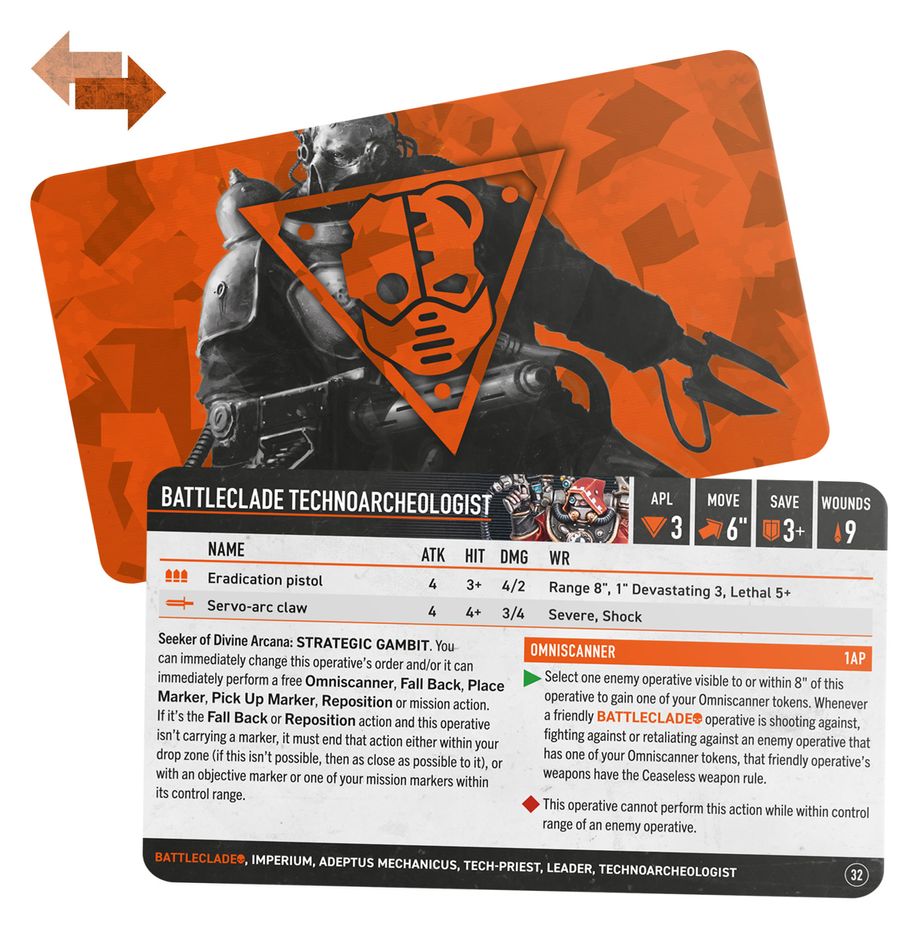 Warhammer 40,000 - Kill Team - Battleclade Datacards - Orange rectangular datacard with black Warhammer 40K Techmarines illustration and white tactical game stats text.