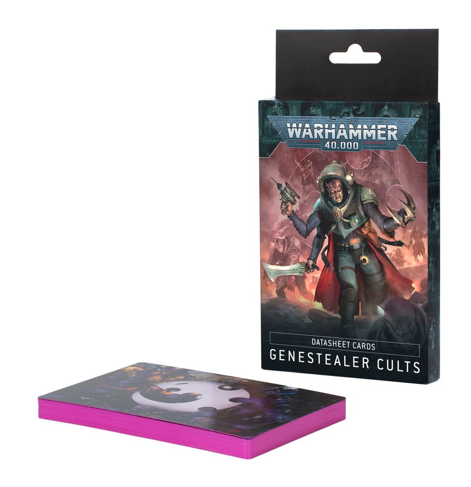 Warhammer 40,000 - Datasheet Cards - Genestealer Cults - Warhammer 40,000 Datasheet Cards packaging featuring a Genestealer Cults character with purple-edged cards stacked beside it.