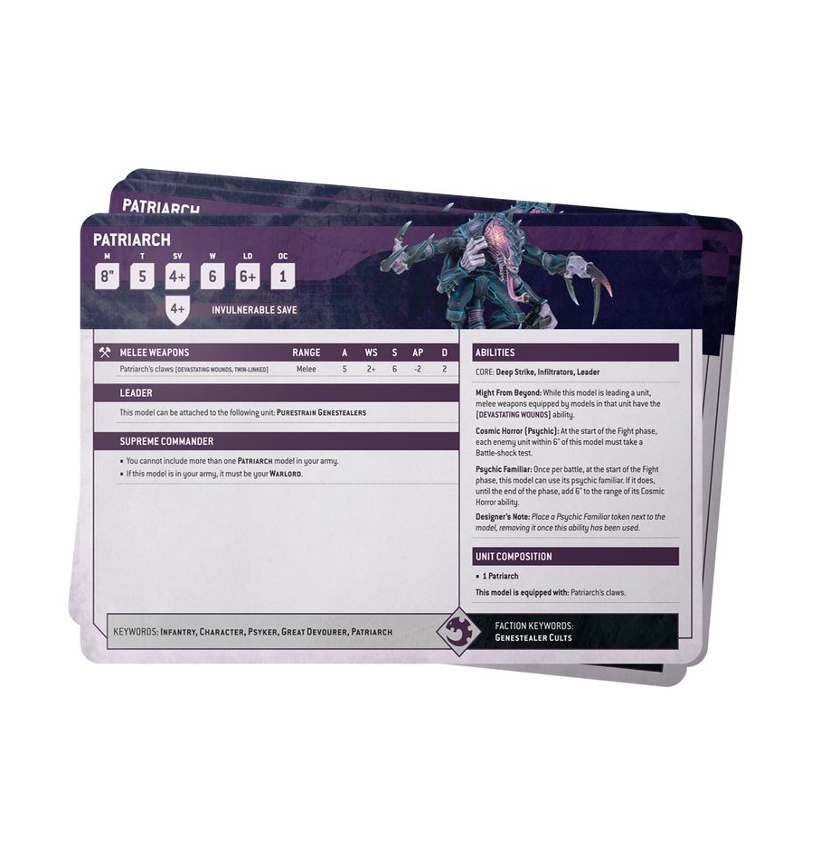 Warhammer 40,000 - Datasheet Cards - Genestealer Cults - Stack of glossy rectangular game cards with purple backgrounds, white text boxes, and an image of a monstrous creature at.