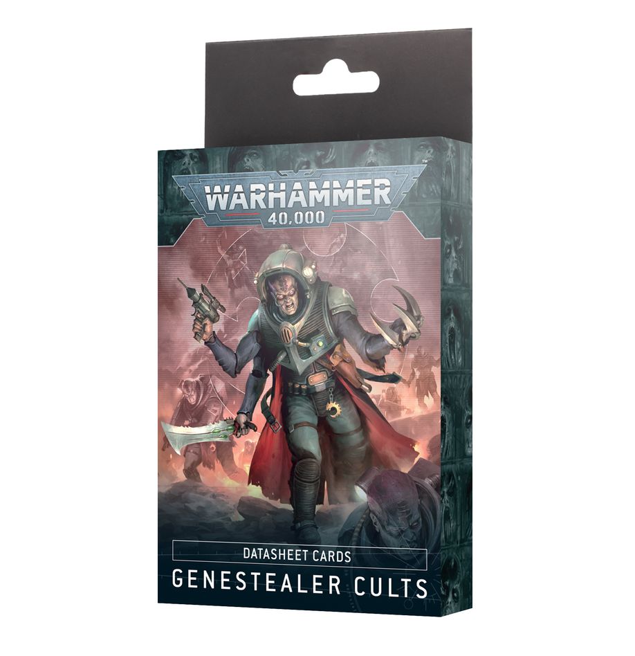 Warhammer 40,000 - Datasheet Cards - Genestealer Cults - Box of Warhammer 40,000 datasheet cards featuring dark, sci-fi artwork of a cloaked figure with claw weapons on the cover.