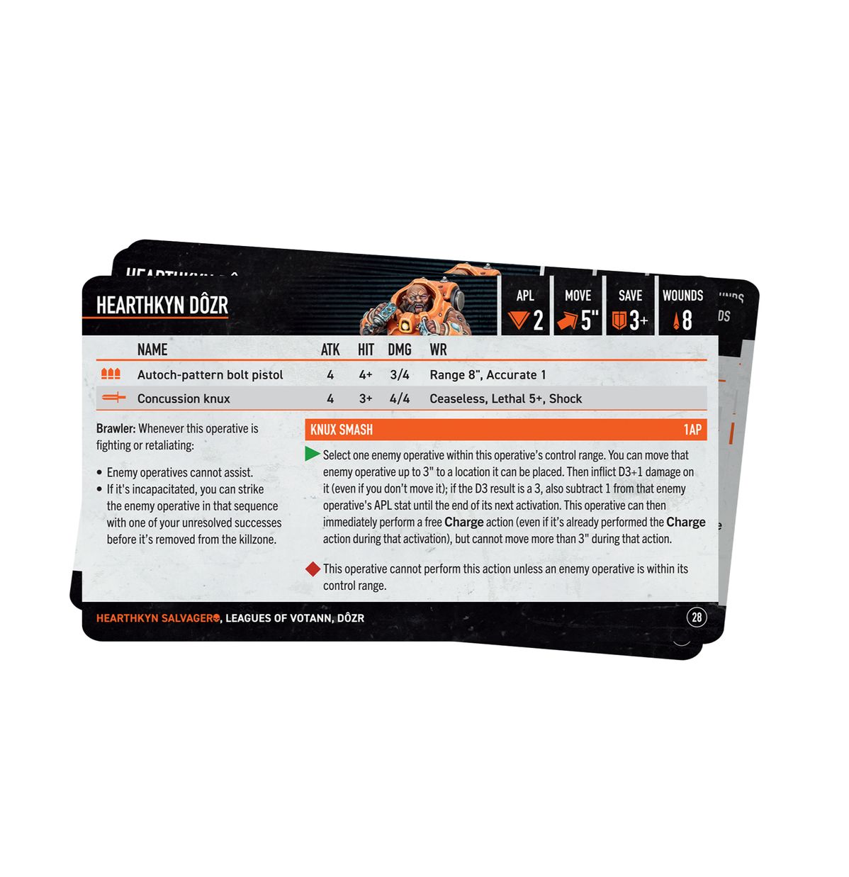 Warhammer 40,000 - Kill Team - Hearthkyn Salvagers Datacards - Warhammer 40,000 Kill Team datacard with black, white, and orange design featuring unit stats and abilities text.