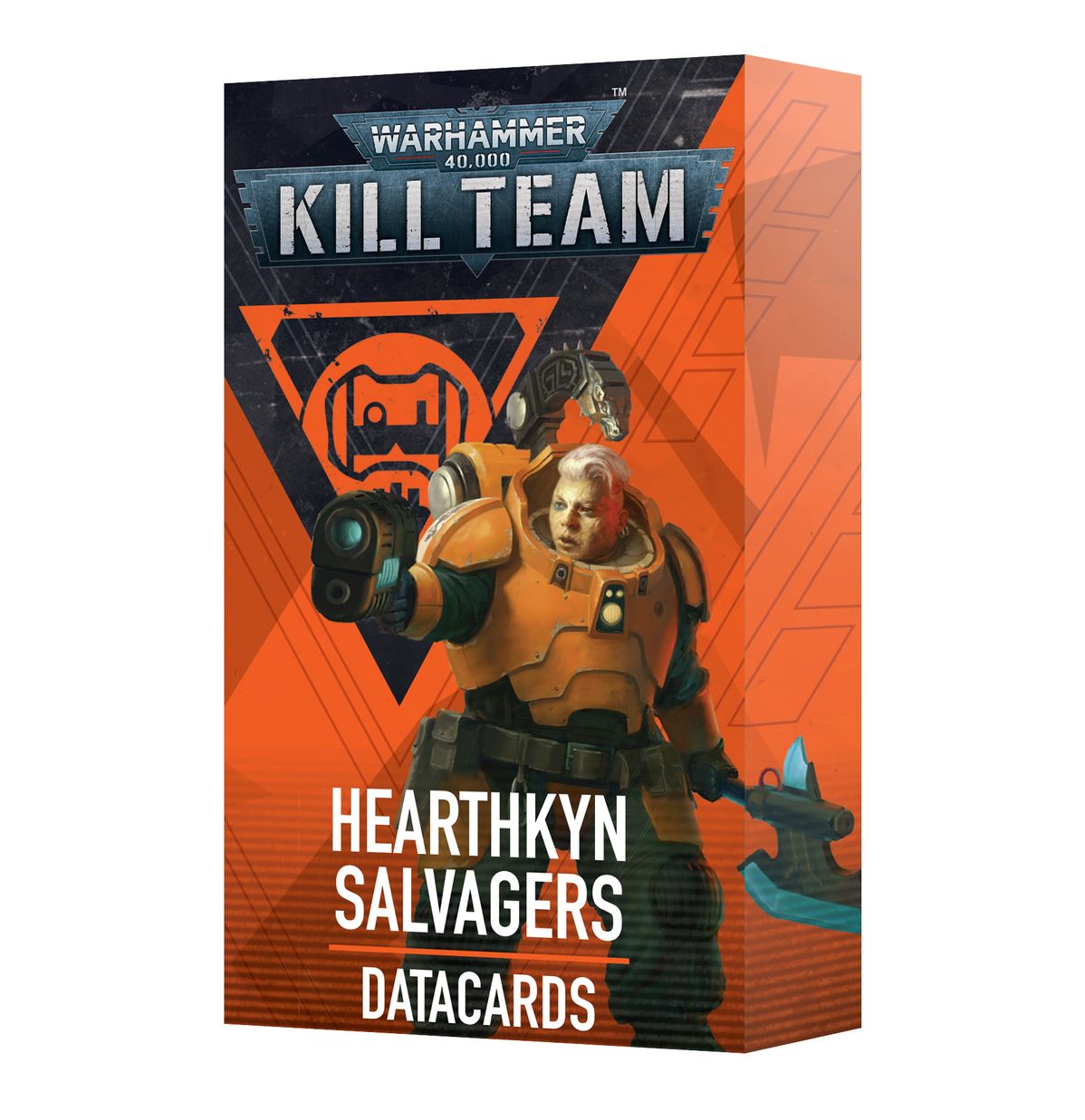 Warhammer 40,000 - Kill Team - Hearthkyn Salvagers Datacards - Orange and black Warhammer 40,000 Kill Team datacards box featuring a futuristic armored warrior holding a weapon.