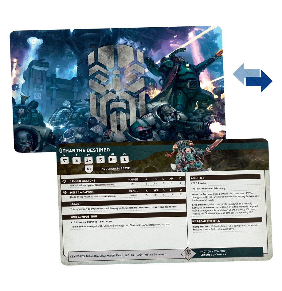 Warhammer 40,000 - Leagues of Votann - Datacards - Double-sided Warhammer 40,000 Leagues of Votann Datacards featuring sci-fi artwork and detailed game stats.