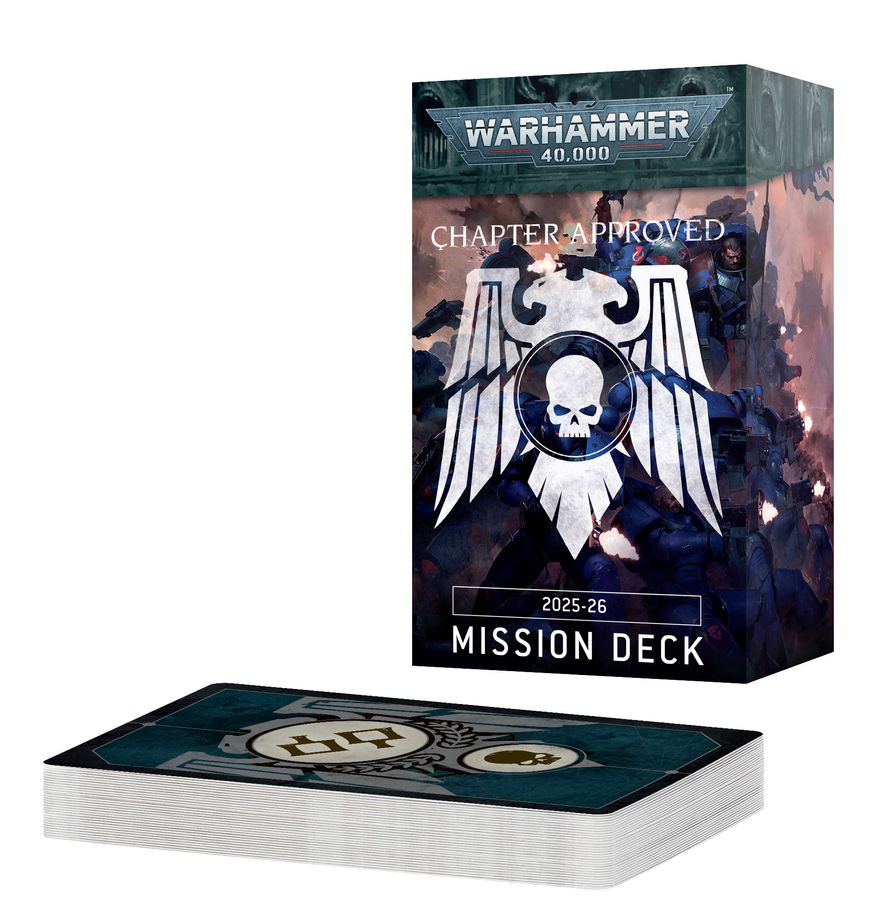 Warhammer 40,000 - Chapter Approved 2025-26: Mission Deck - Vertical box and horizontal deck of cards for Warhammer 40,000 Chapter Approved 2025-26 Mission Deck featuring dark, sci-fi.