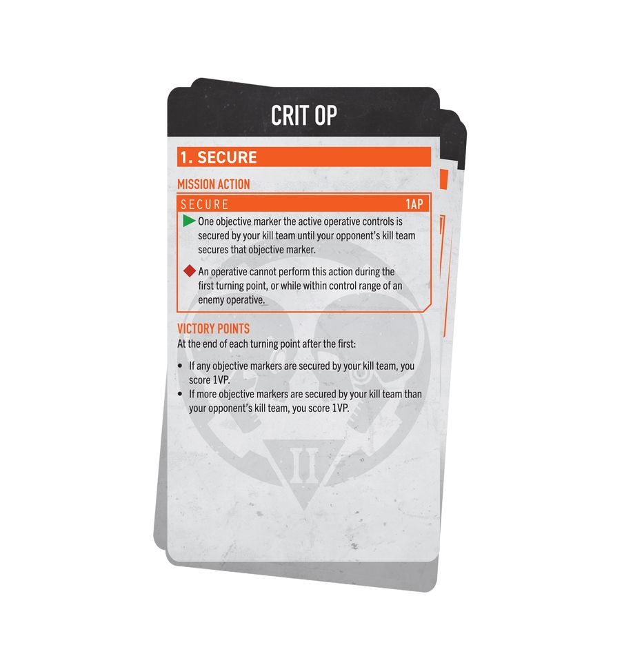 Warhammer 40,000 - Kill Team - Approved Ops Card Pack 2025 - Set of Warhammer 40K Kill Team Approved Ops cards featuring black, white, and orange design with tactical game instructions.