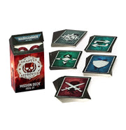 Warhammer 40,000 - Chapter Approved Mission Deck (PREORDER) - Warhammer 40,000 Chapter Approved Mission Deck with red black box and five square cards featuring skull, swords, helmet, and