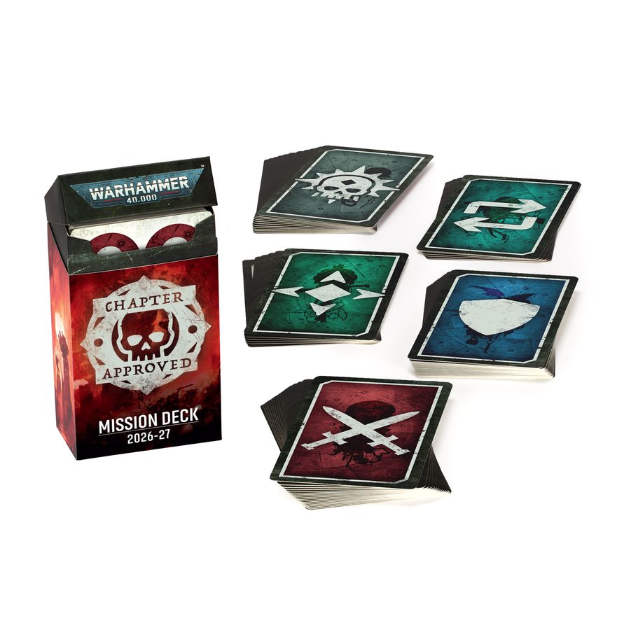 Warhammer 40,000 - Chapter Approved Mission Deck (PREORDER) - Warhammer 40,000 Chapter Approved Mission Deck with red black box and five square cards featuring skull, swords, helmet, and