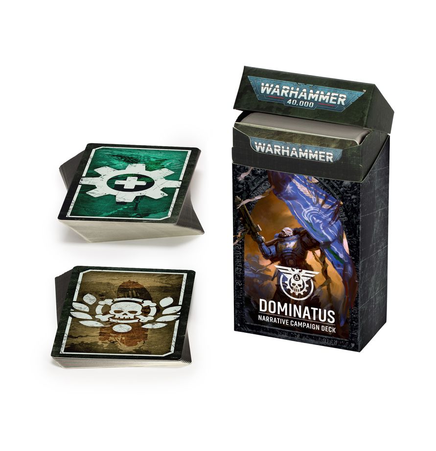 Warhammer 40,000 - Dominatus - Narrative Campaign Deck - Warhammer 40,000 Dominatus campaign deck with illustrated black box and two cards featuring sci-fi symbols in green and.