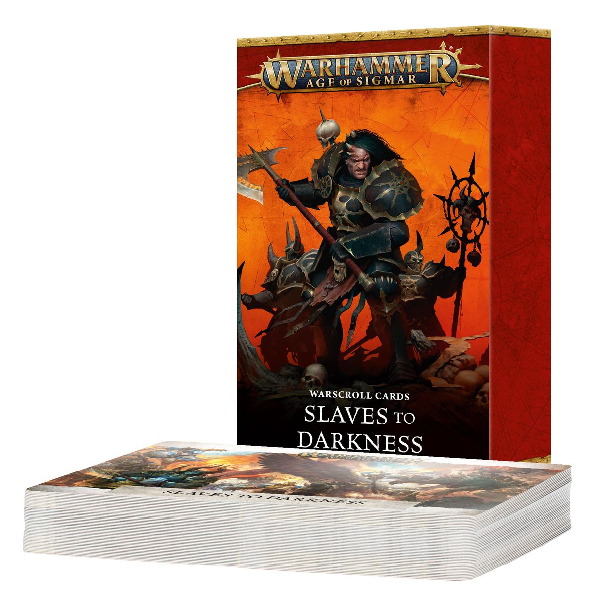 Warhammer Age of Sigmar - Slaves to Darkness - Warscroll Cards - Deck of rectangular glossy cards with fantasy warrior artwork, displayed in a red and black box labeled Slaves to Darkness.