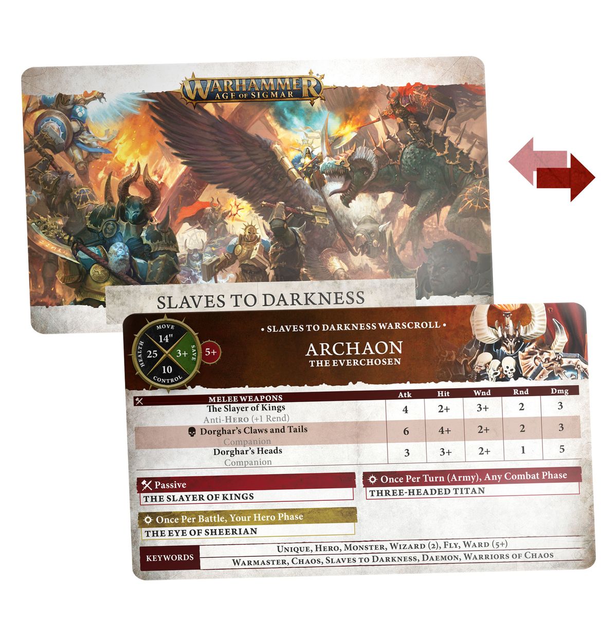 Warhammer Age of Sigmar - Slaves to Darkness - Warscroll Cards - Warhammer Age of Sigmar Slaves to Darkness Warscroll Card with colorful fantasy artwork and detailed unit stats.