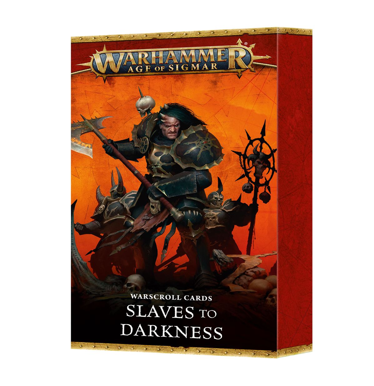 Warhammer Age of Sigmar - Slaves to Darkness - Warscroll Cards - Warhammer Age of Sigmar Slaves to Darkness warscroll card box with dark warrior artwork and orange background.
