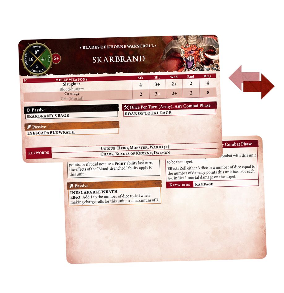 Warhammer Age of Sigmar - Blades of Khorne - Warscroll Cards - Compact cards with red and beige Warhammer Age of Sigmar Blades of Khorne Warscroll design featuring stats and abilities for