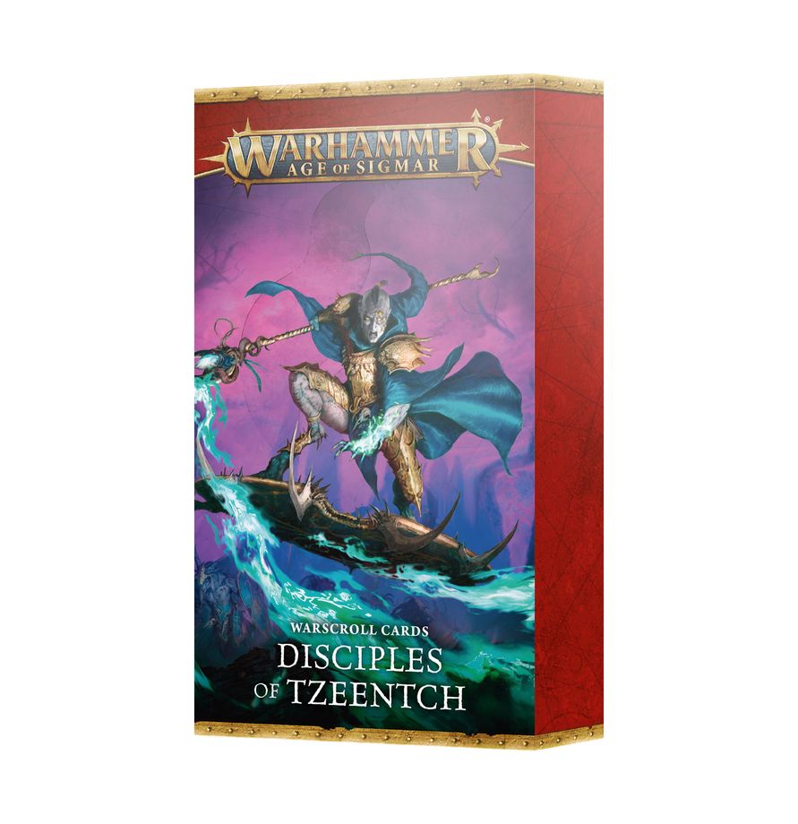 Warhammer Age of Sigmar - Disciples of Tzeentch - Warscroll Cards - Rectangular box with red sides and a fantasy illustration of a cloaked warrior casting blue magic on the front, labeled.