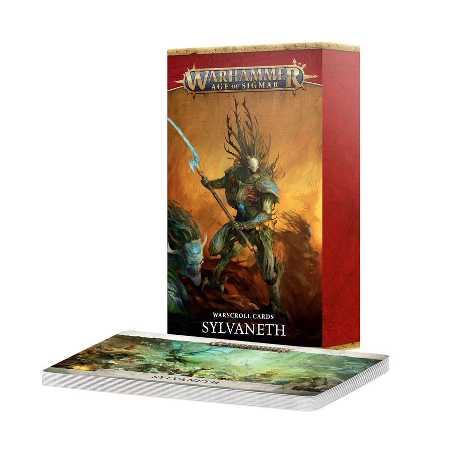 Warhammer Age of Sigmar - Sylvaneth - Warscroll Cards (PREORDER) - Warhammer Age of Sigmar Sylvaneth Warscroll Cards box with fantasy woodland warrior artwork and a fanned deck of cards.