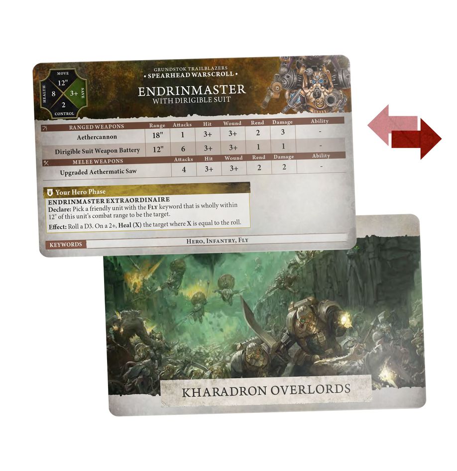 Warhammer Age of Sigmar - Kharadron Overlords - Warscroll Cards - Double-sided Warscroll cards for Kharadron Overlords with stat table and fantasy-themed artwork of armored warriors in a.