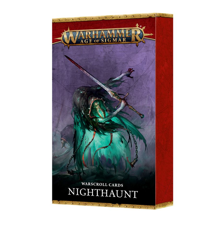 Warhammer Age of Sigmar - Nighthaunt - Warscroll Cards - Warhammer Age of Sigmar Nighthaunt Warscroll Cards box with ghostly blue-green figure holding a scythe on purple background.