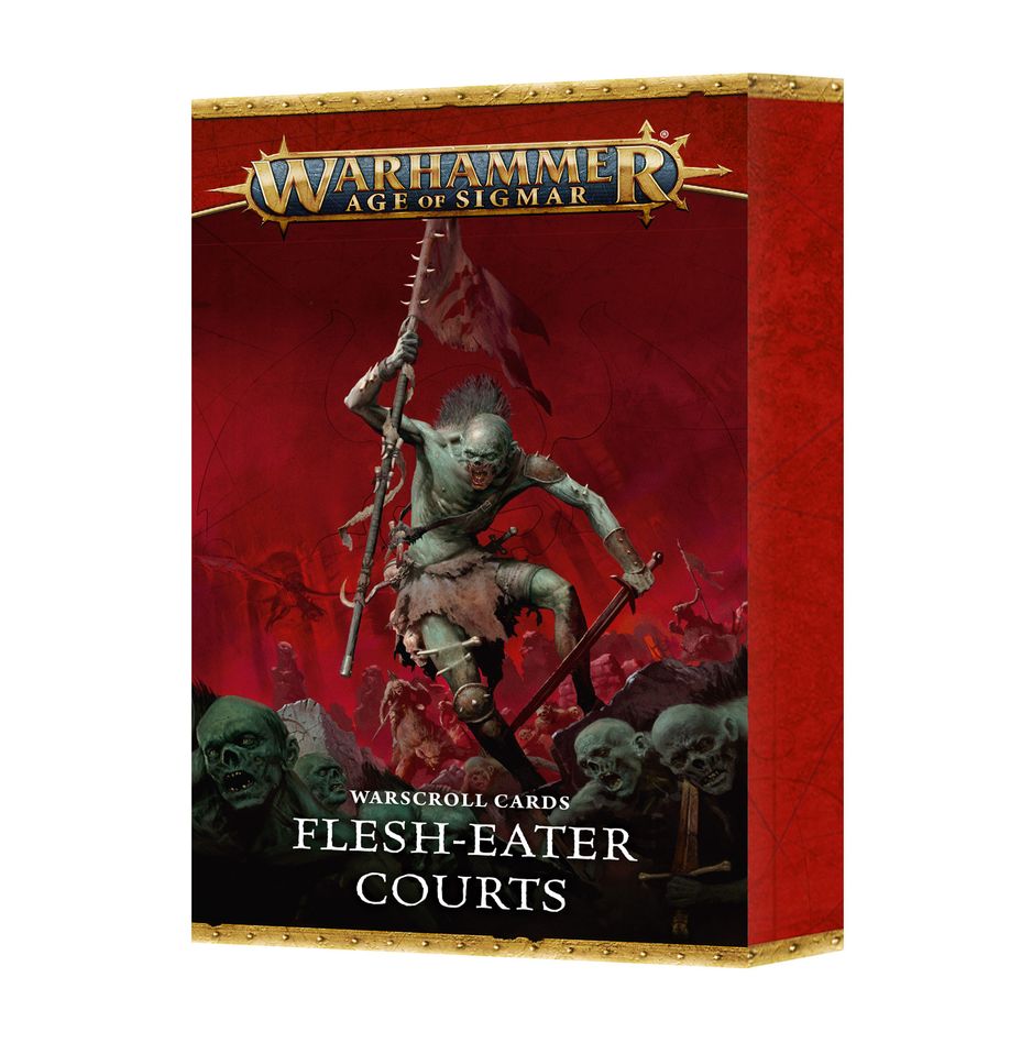 Warhammer Age of Sigmar - Flesh-Eater Courts - Warscroll Cards - Warhammer Age of Sigmar Warscroll Cards box featuring green ghoulish warrior wielding weapons on dark red background.