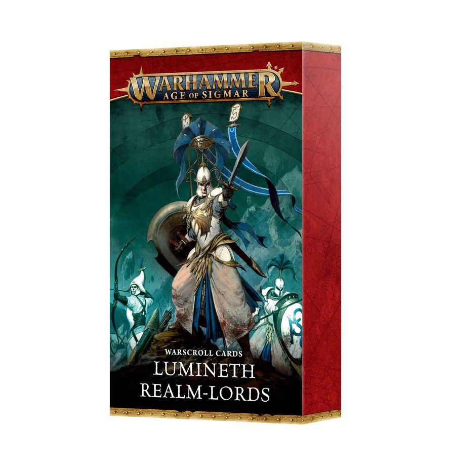 Warhammer Age of Sigmar - Lumineth Realm-lords - Warscroll Cards - Rectangular box with red and green colors featuring a fantasy warrior in blue and gold armor on the front, labeled Warhammer