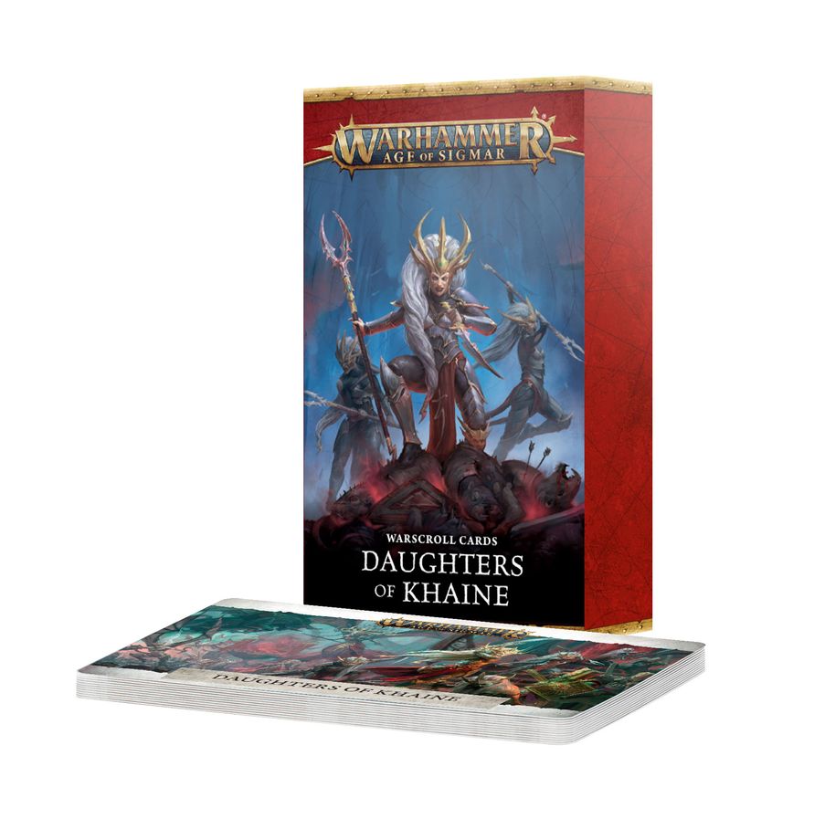 Warhammer Age of Sigmar - Daughters of Khaine - Warscroll Cards (PREORDER) - Warhammer Age of Sigmar Daughters of Khaine warscroll cards with red and gold box featuring fantasy warrior artwork.