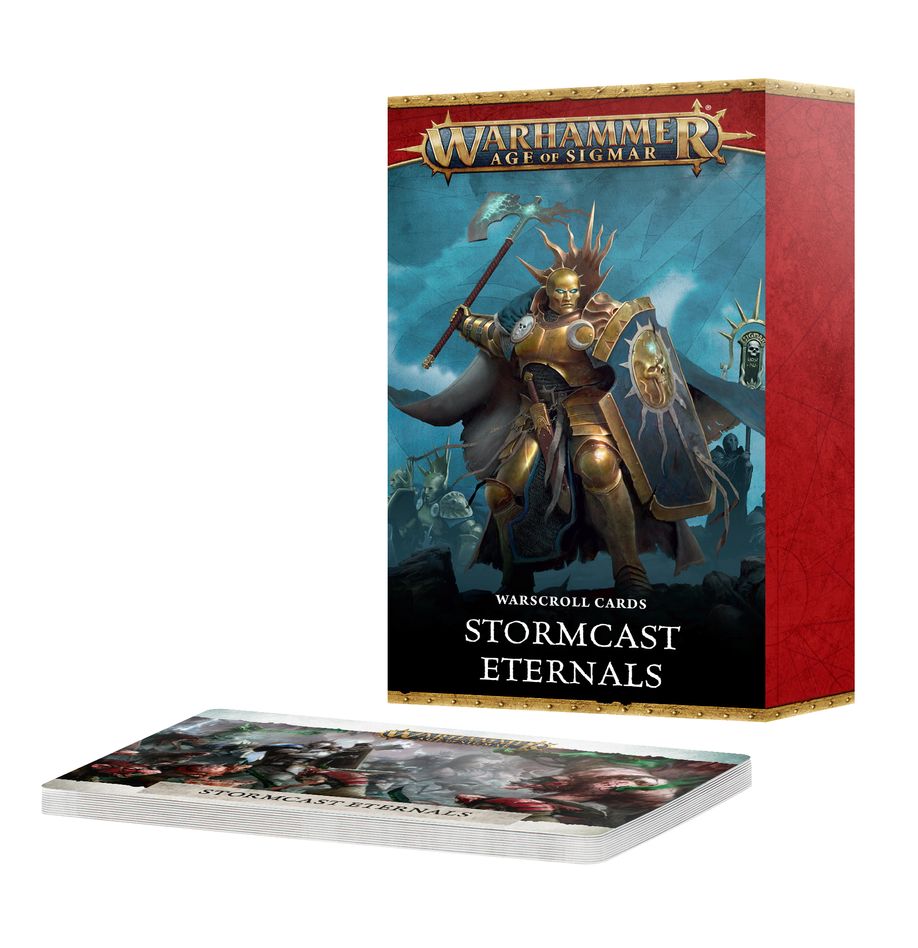 Warhammer Age of Sigmar - Stormcast Eternals - Warscroll Cards - Box set with golden-armored warrior wielding hammer and shield on cover, labeled Stormcast Eternals Warscroll Cards; stack.