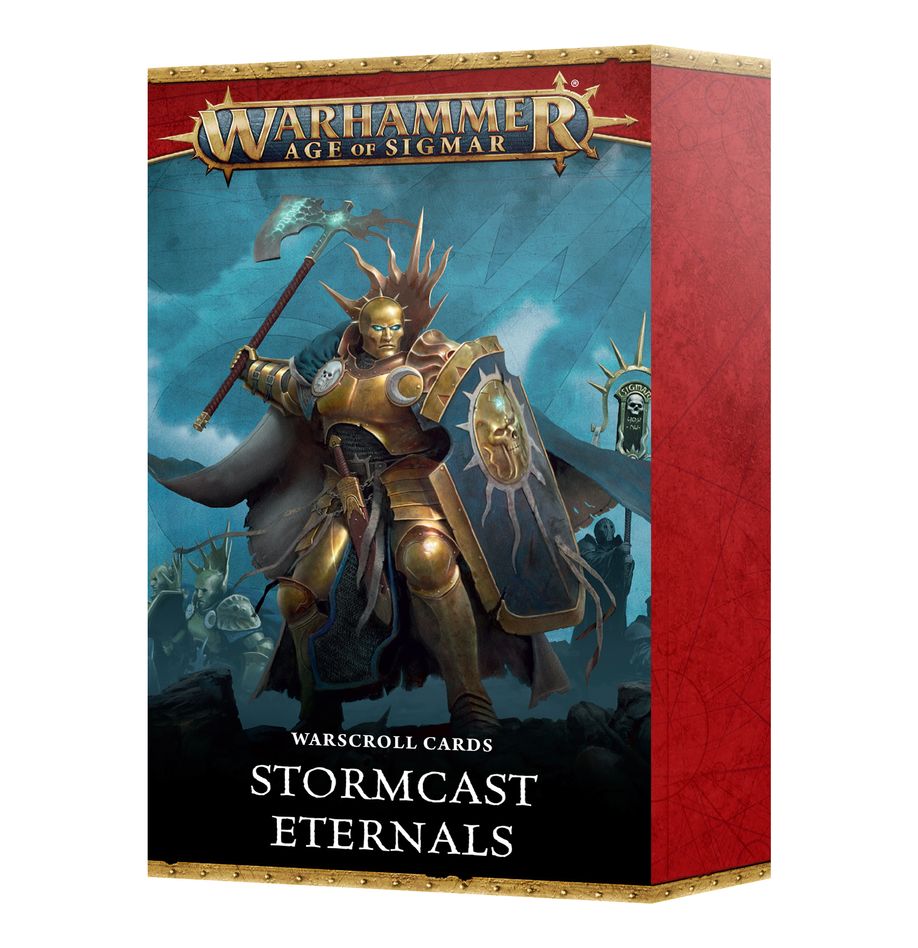 Warhammer Age of Sigmar - Stormcast Eternals - Warscroll Cards - Box of Warhammer Age of Sigmar Stormcast Eternals warscroll cards with gold-armored warrior artwork on front.