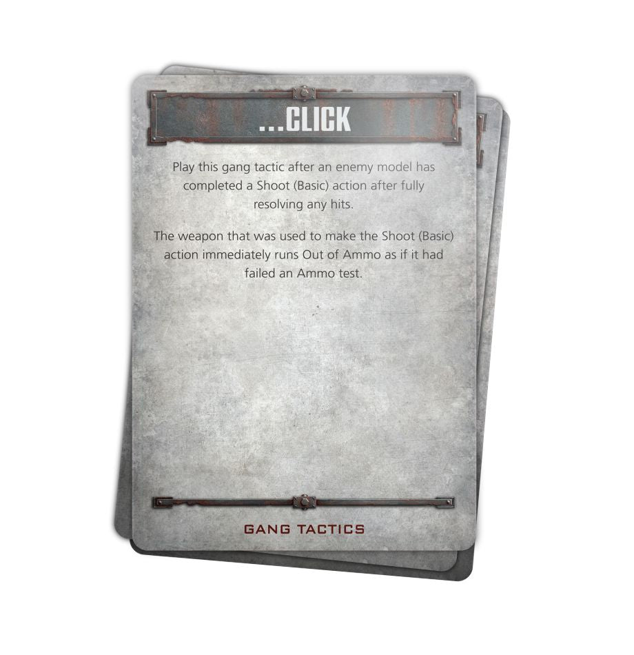Necromunda: Core Gang Tactics Cards - Gray Necromunda card with text instructions, bordered by rusted metal design, labeled "CLICK" and "Gang Tactics".
