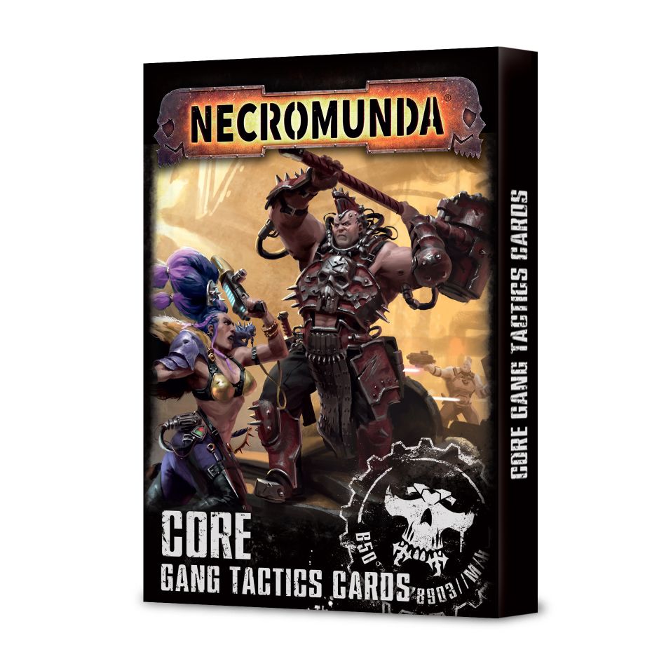Necromunda: Core Gang Tactics Cards - Box of Necromunda Core Gang Tactics Cards featuring a heavily armored warrior with a large weapon on a dark, gritty.