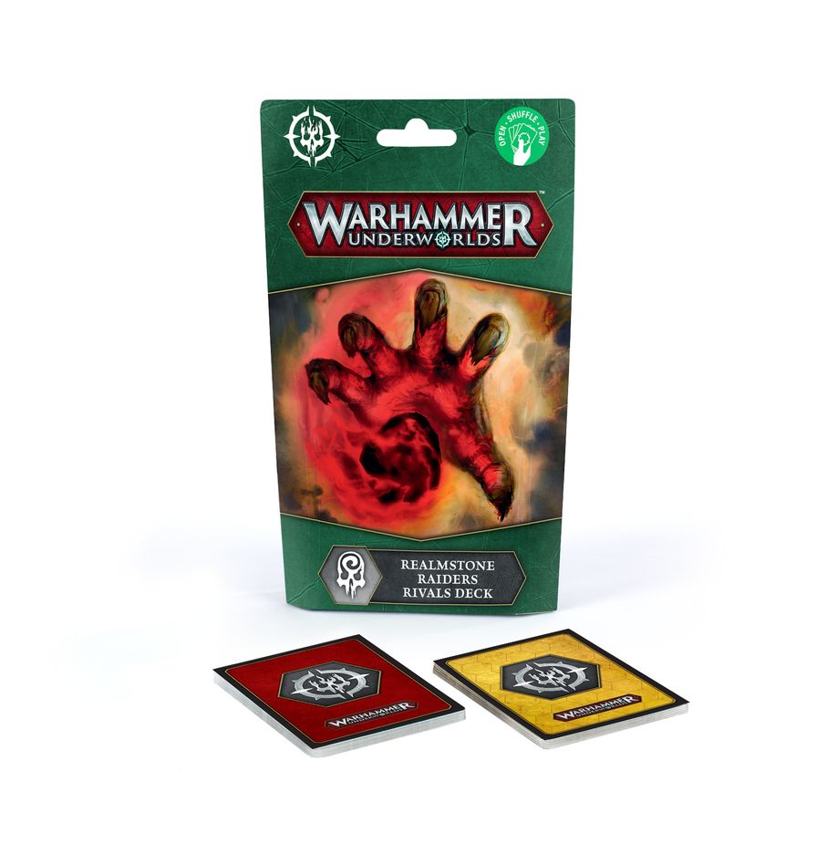 Warhammer Underworlds - Realmstone Raiders Rivals Deck - Warhammer Underworlds Realmstone Raiders Rivals Deck packaging with red and yellow cards displayed in front on white.