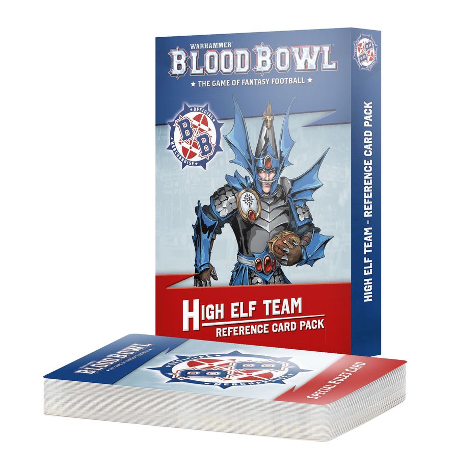 Warhammer Blood Bowl - High Elf Team Reference Card Pack (PREORDER) - Blue and red box with armored High Elf warrior artwork and deck of thick reference cards for Blood Bowl game.