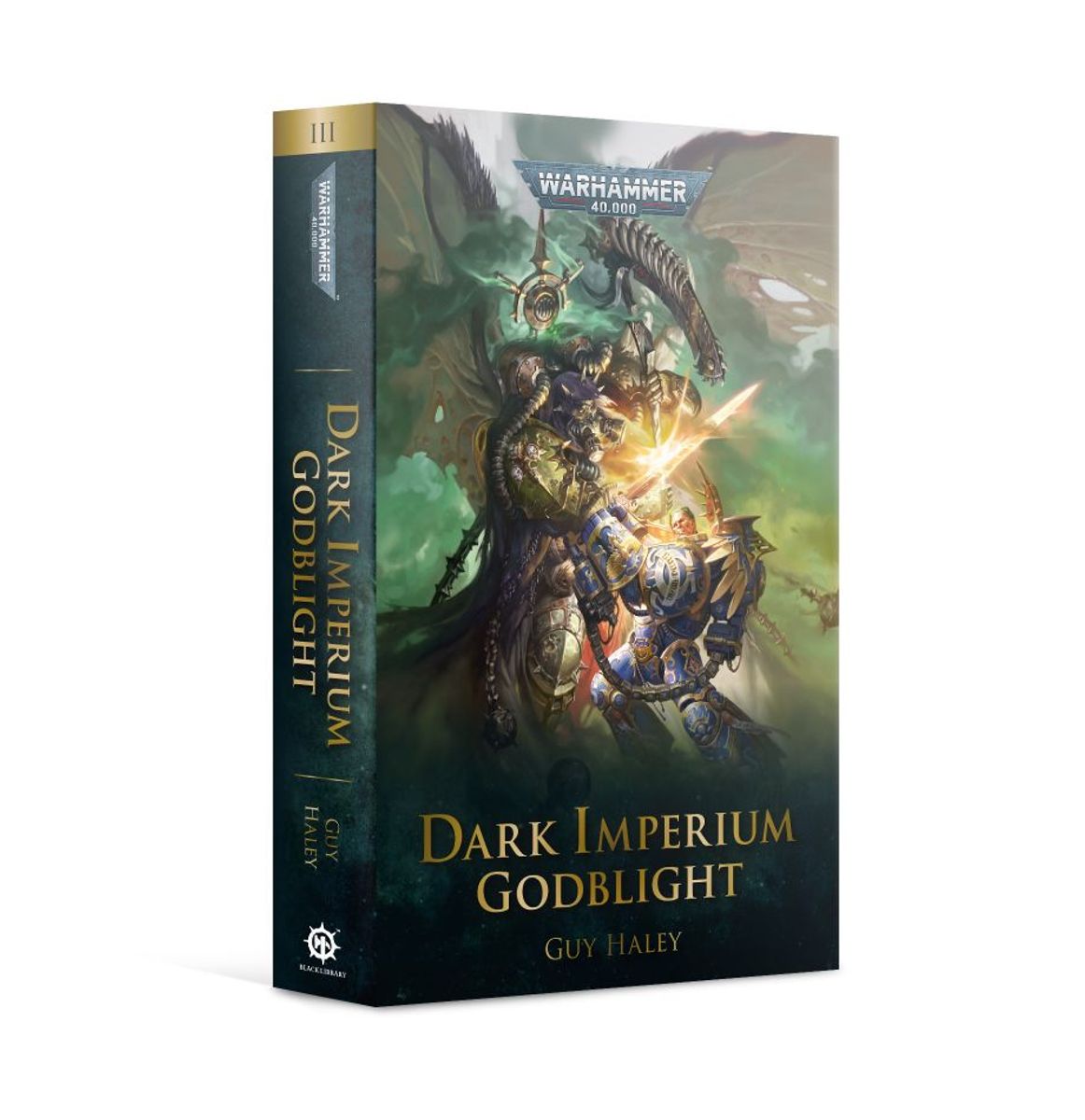 Dark Imperium: Godblight (Paperback) - Paperback book with dark fantasy cover art featuring a warrior in elaborate armor wielding glowing weapons, titled Dark.