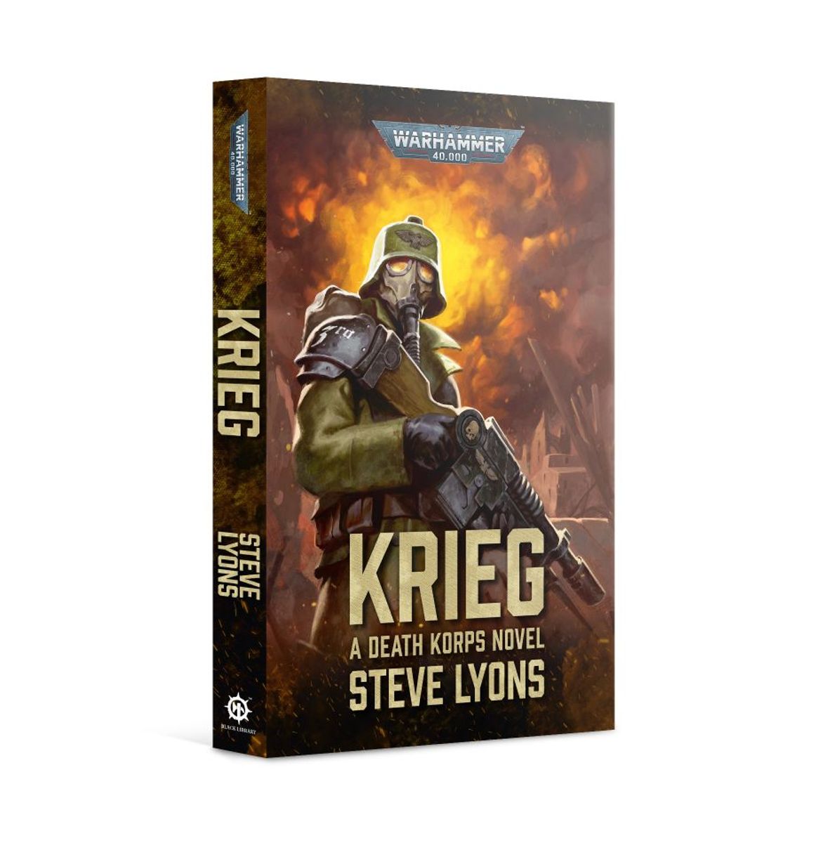Krieg (Paperback) - Paperback novel titled "Krieg" by Steve Lyons, featuring a soldier in green armor and gas mask with fiery background,.