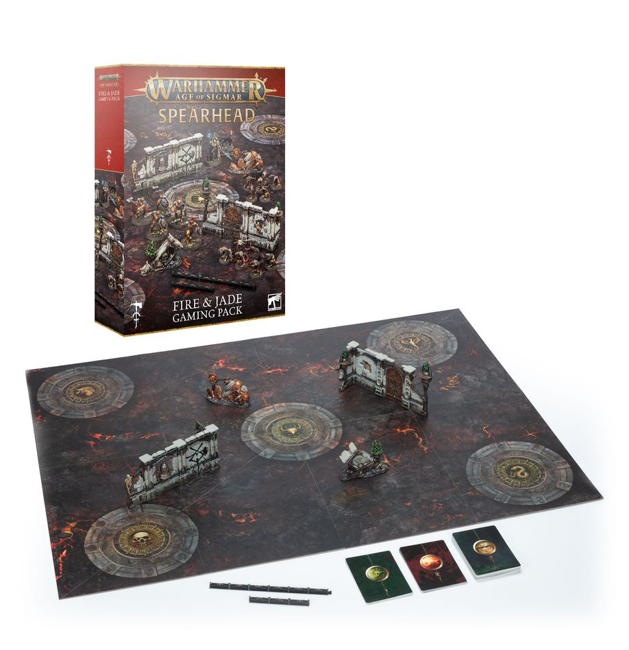 Warhammer Age of Sigmar - Spearhead - Fire & Jade Gaming Pack - Warhammer Age of Sigmar Spearhead Fire & Jade Gaming Pack with illustrated gameboard, three miniature terrain pieces, and.